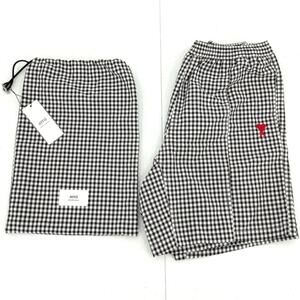 NWT AMI Men's Gingham Small Heart Black/Noir Swim Shorts w/Pouch, SMALL